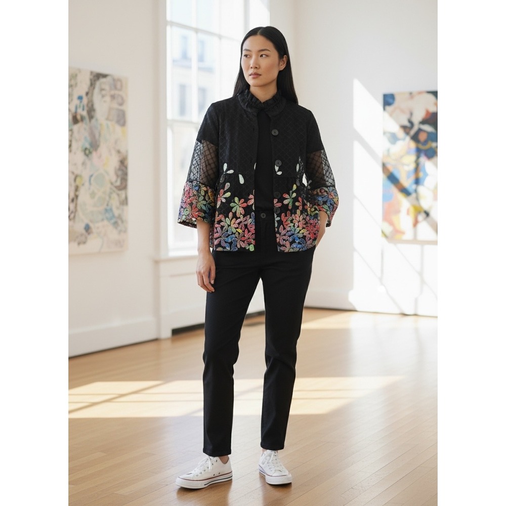 Dome Inc Black Mesh Ruffle Collar Floral Embroidered Kimono Jacket XL